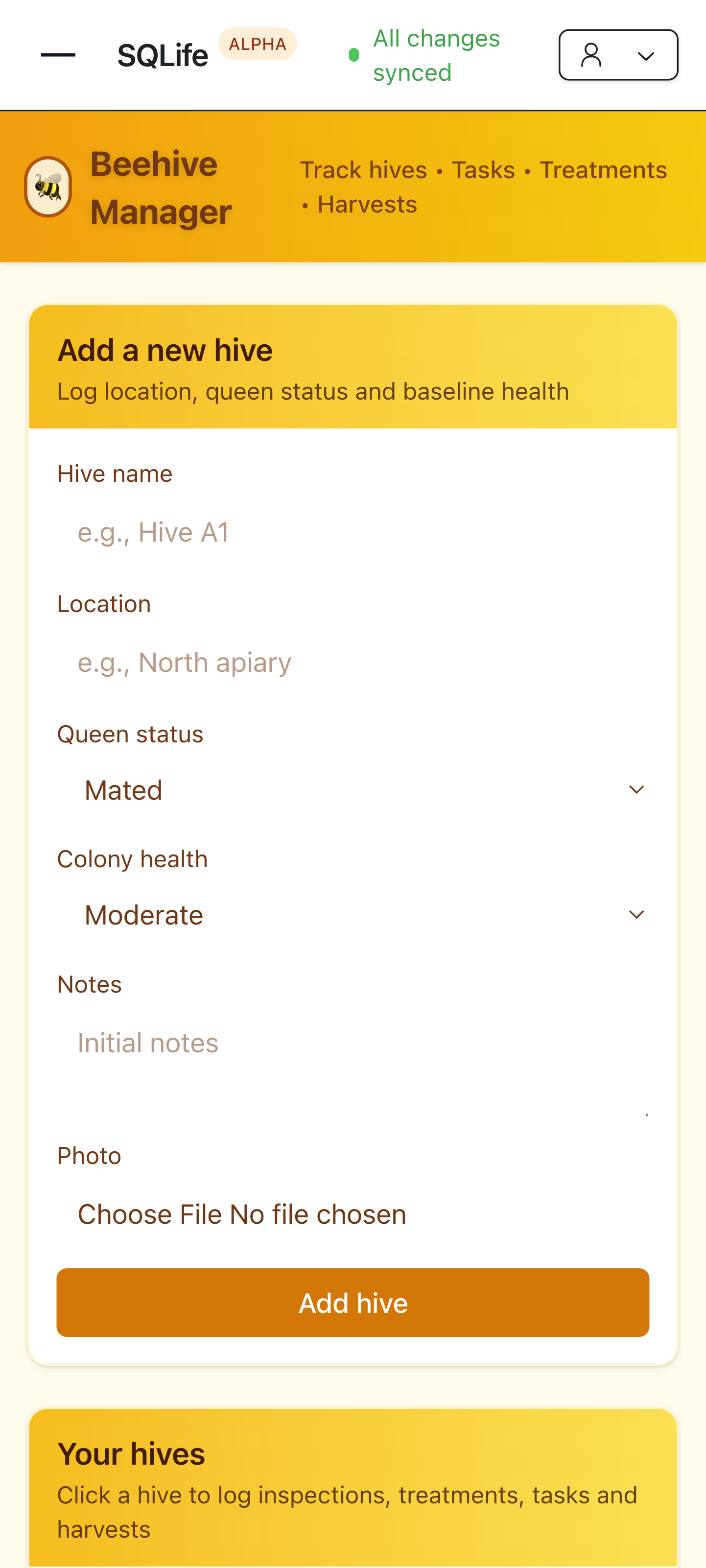 Screenshot of Beekeeper hive tracker app
