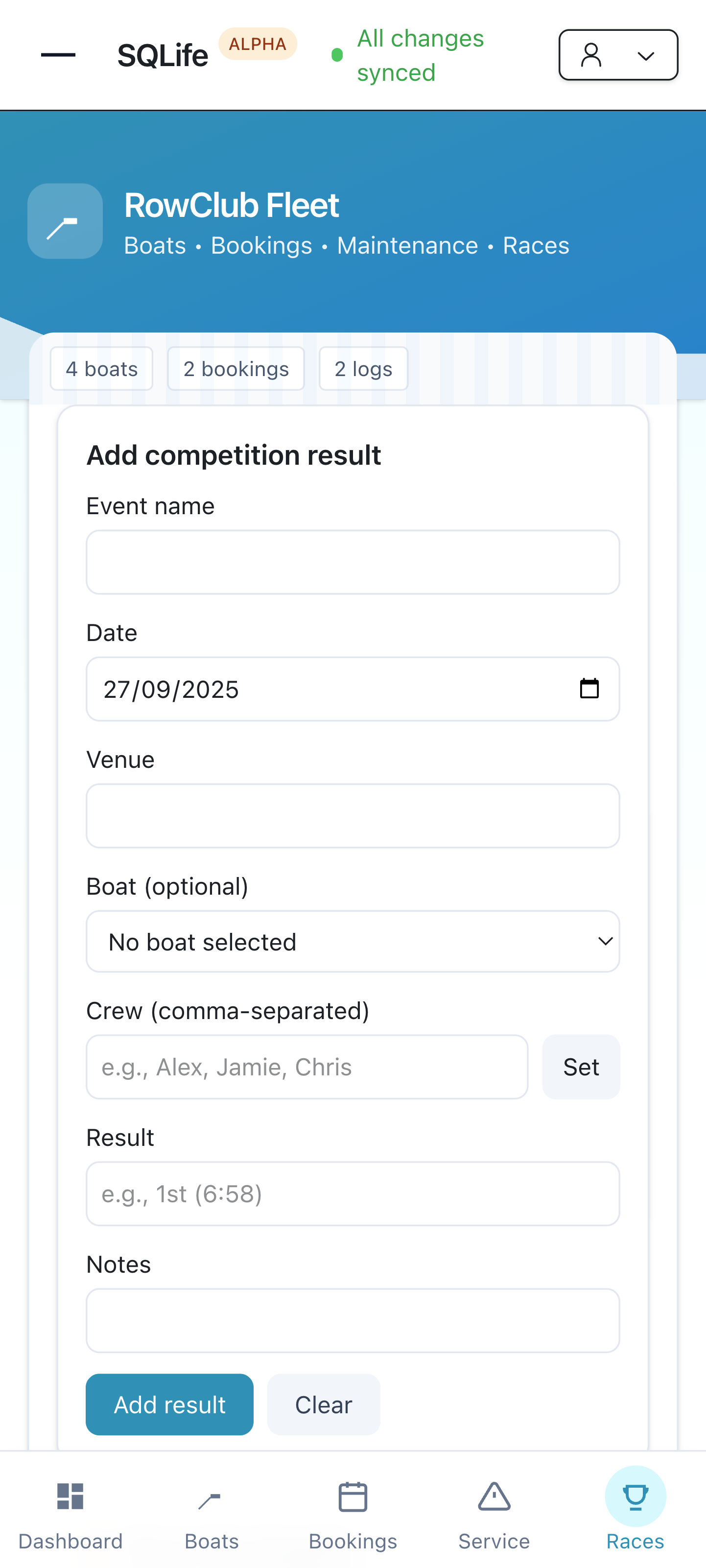 Screenshot of Rowing club fleet manager app