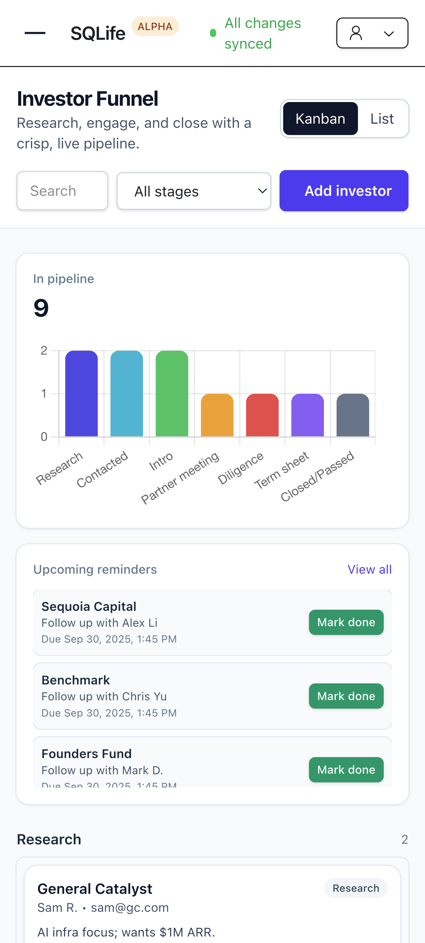 Screenshot of Investor funnel CRM app